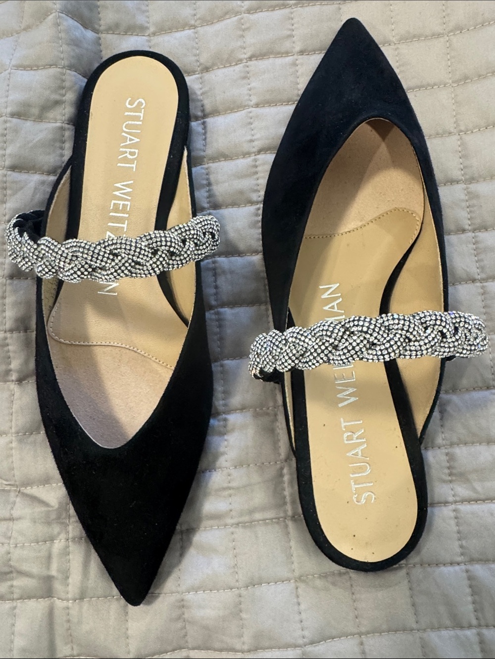 Stuart Weitzman Black Pointed Toe Slip-On Mules with Braided Crystal Strap